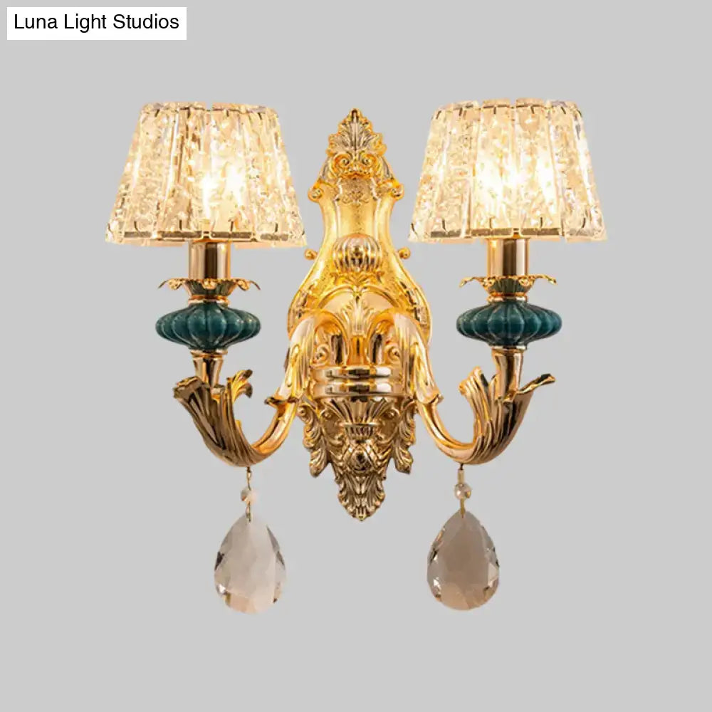 Traditional seedy crystal gold & teal drum wall mount bedroom sconce