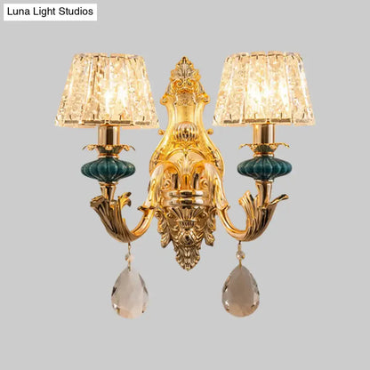 Traditional seedy crystal gold & teal drum wall mount bedroom sconce