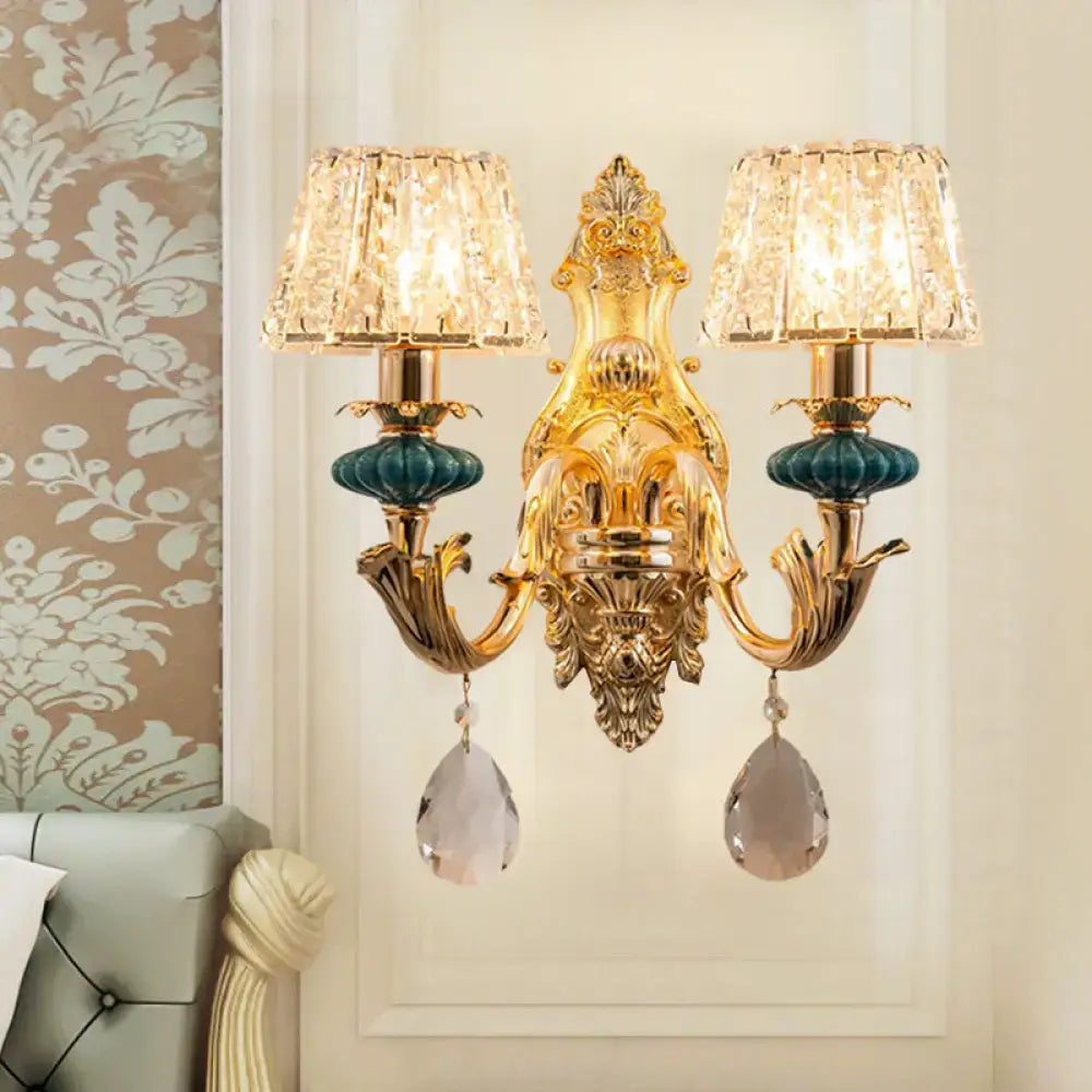 Traditional seedy crystal gold & teal drum wall mount bedroom sconce