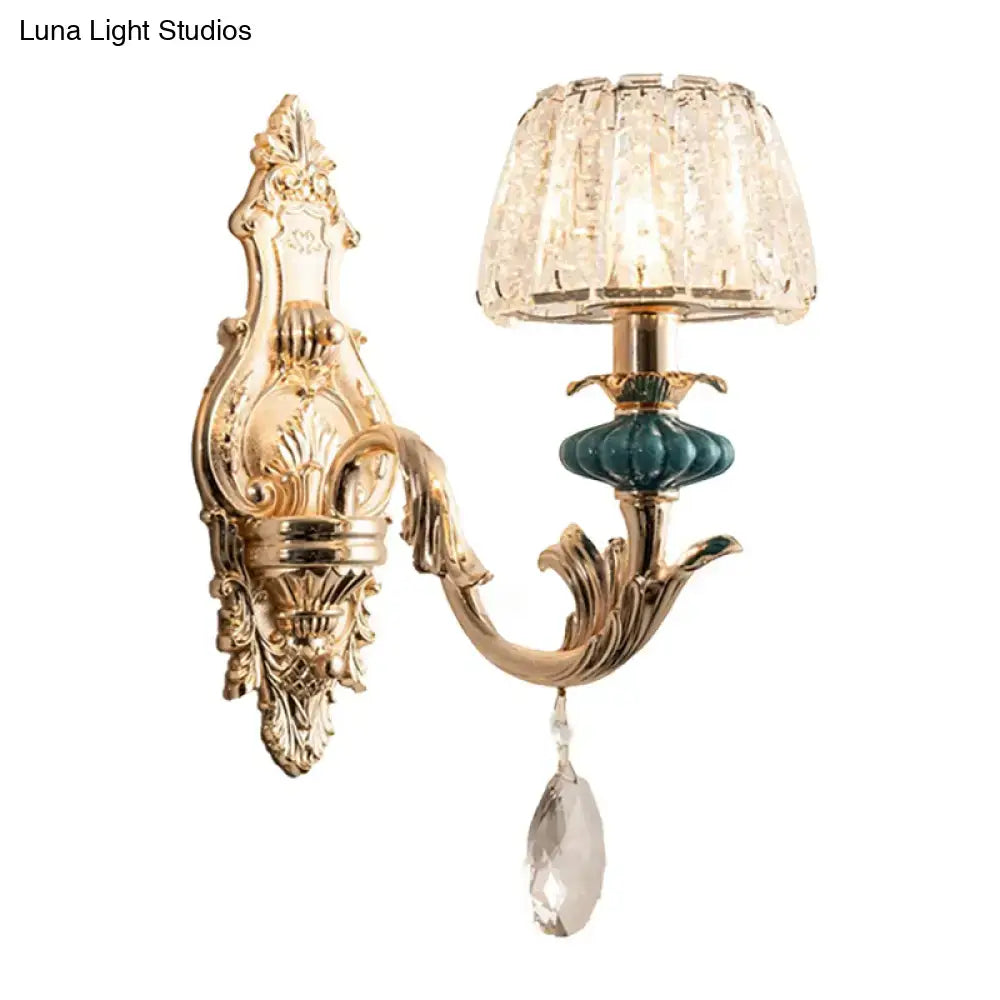 Traditional seedy crystal gold & teal drum wall mount bedroom sconce