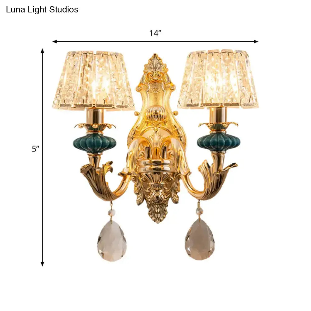 Traditional seedy crystal gold & teal drum wall mount bedroom sconce