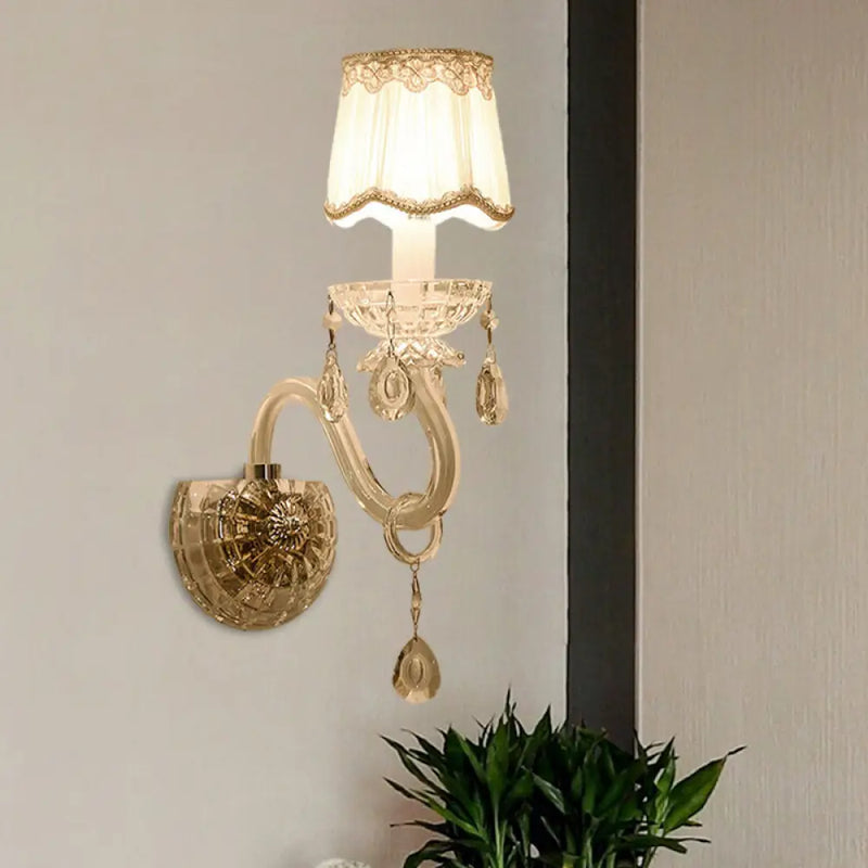 DecorBites™ Traditional White Candle Wall Lamp with Clear Crystal Accent and Scalloped Fabric Shade