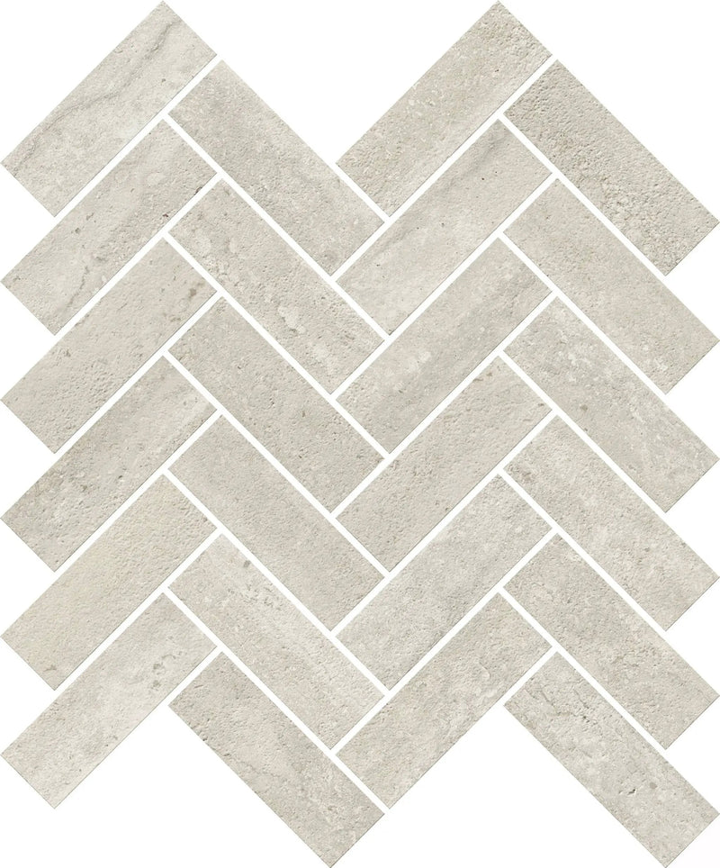 Trail Vein Cut Grey Herringbone Travertine Look Porcelain Mosaics 12x12