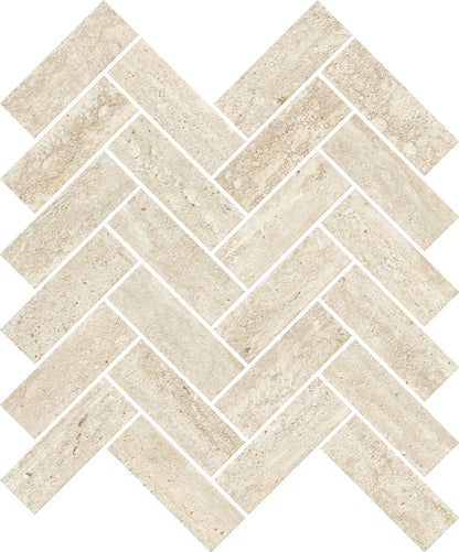 Trail Vein Cut Ivory Herringbone Travertine Look Porcelain Mosaics 12x12