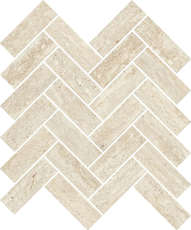 Trail Vein Cut Ivory Herringbone Travertine Look Porcelain Mosaics 12x12