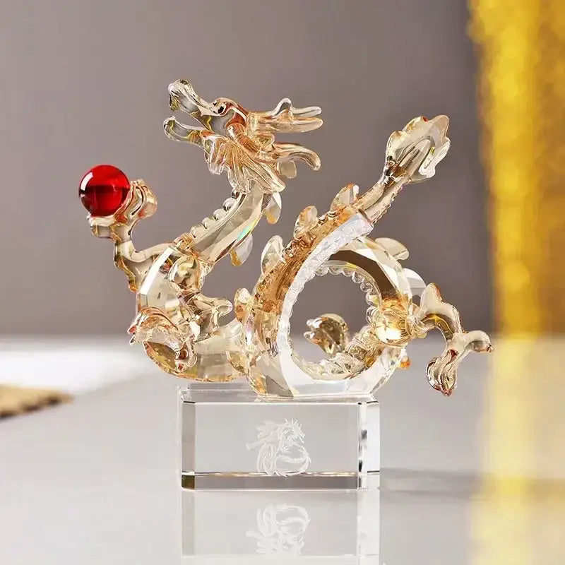 Translucent golden crystal dragon statue living room feng shui decor