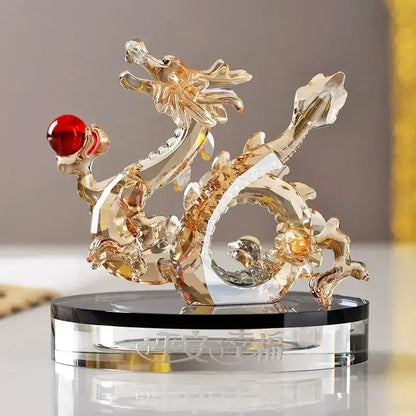 Translucent golden crystal dragon statue living room feng shui decor