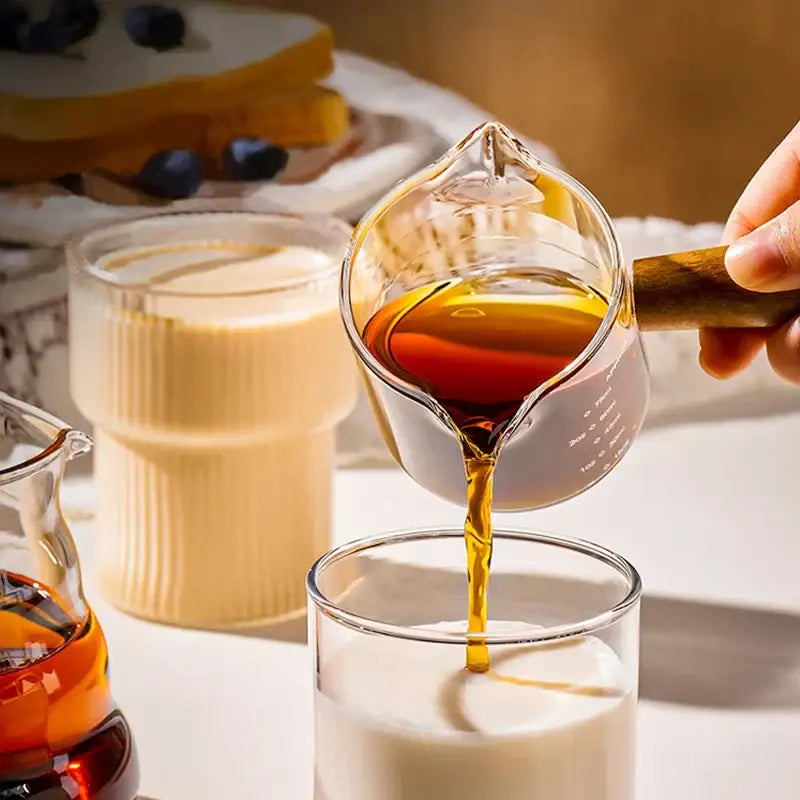 Transparent glass espresso measuring cup with wood handle kitchen cup