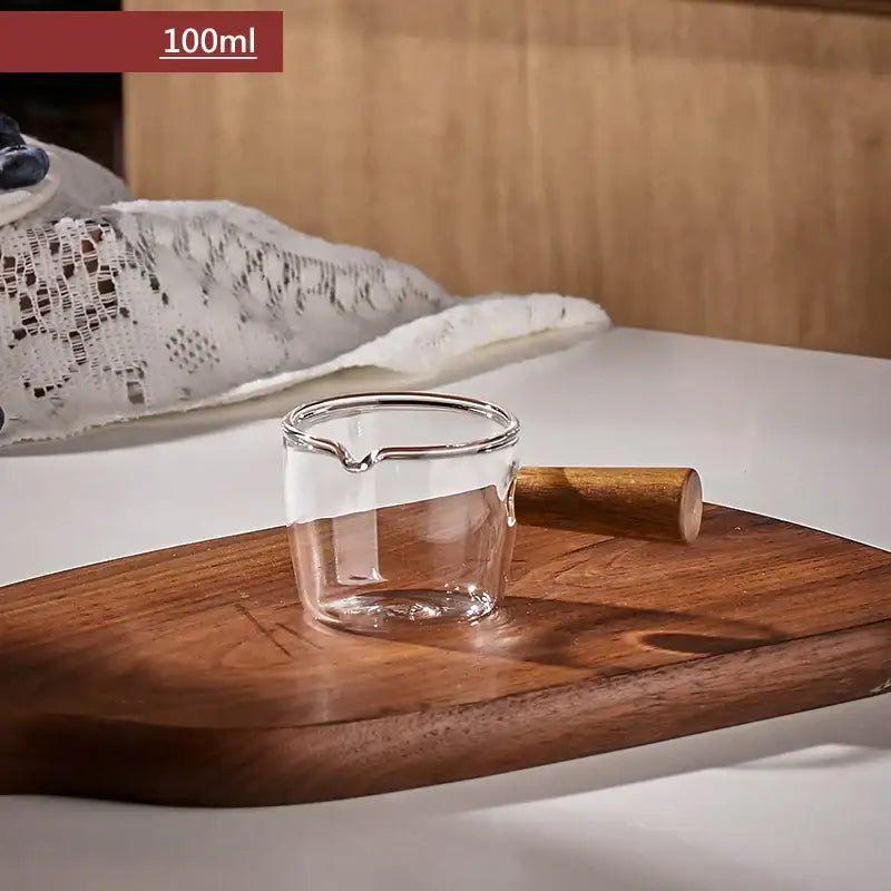 Transparent glass espresso measuring cup with wood handle kitchen cup