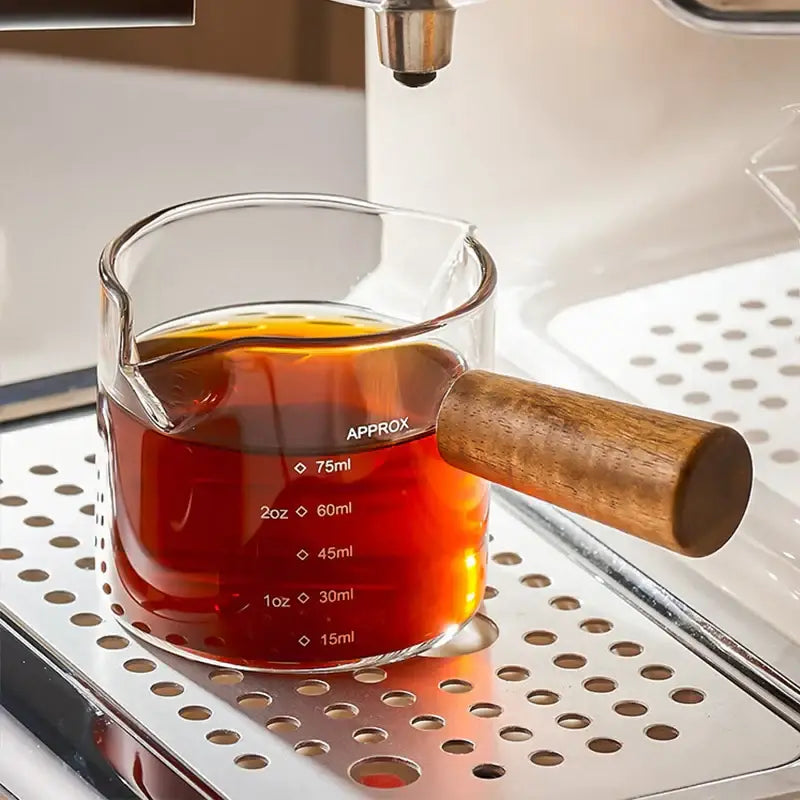 Transparent glass espresso measuring cup with wood handle kitchen cup