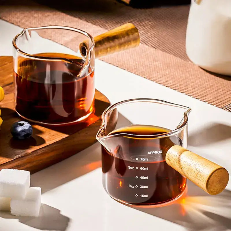Transparent glass espresso measuring cup with wood handle kitchen cup