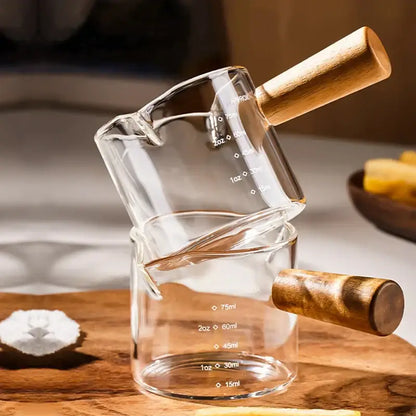 Transparent glass espresso measuring cup with wood handle kitchen cup