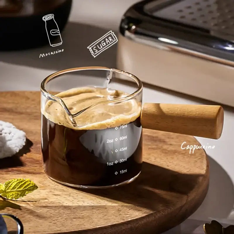 Transparent glass espresso measuring cup with wood handle kitchen cup