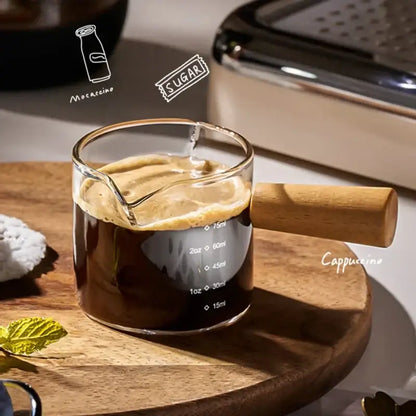 Transparent glass espresso measuring cup with wood handle kitchen cup