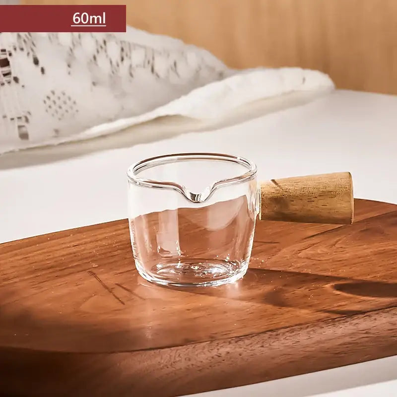 Transparent glass espresso measuring cup with wood handle kitchen cup