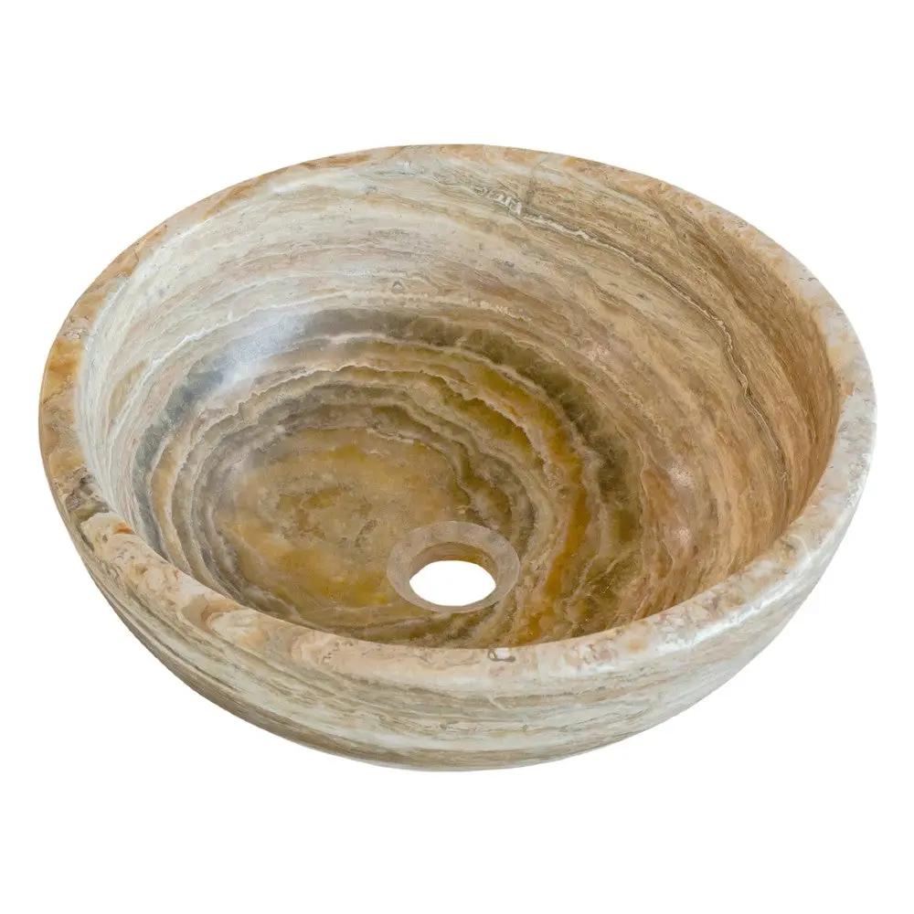 Travertine Onyx Round Beige Vessel Sink For Bathroom With Honed Finish