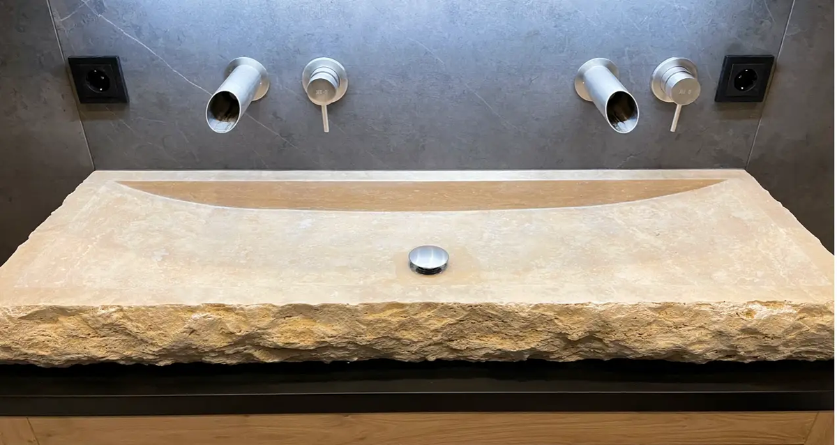 Light Travertine Vessel Sink Hand Split 16X48 Beige Bathroom Stone