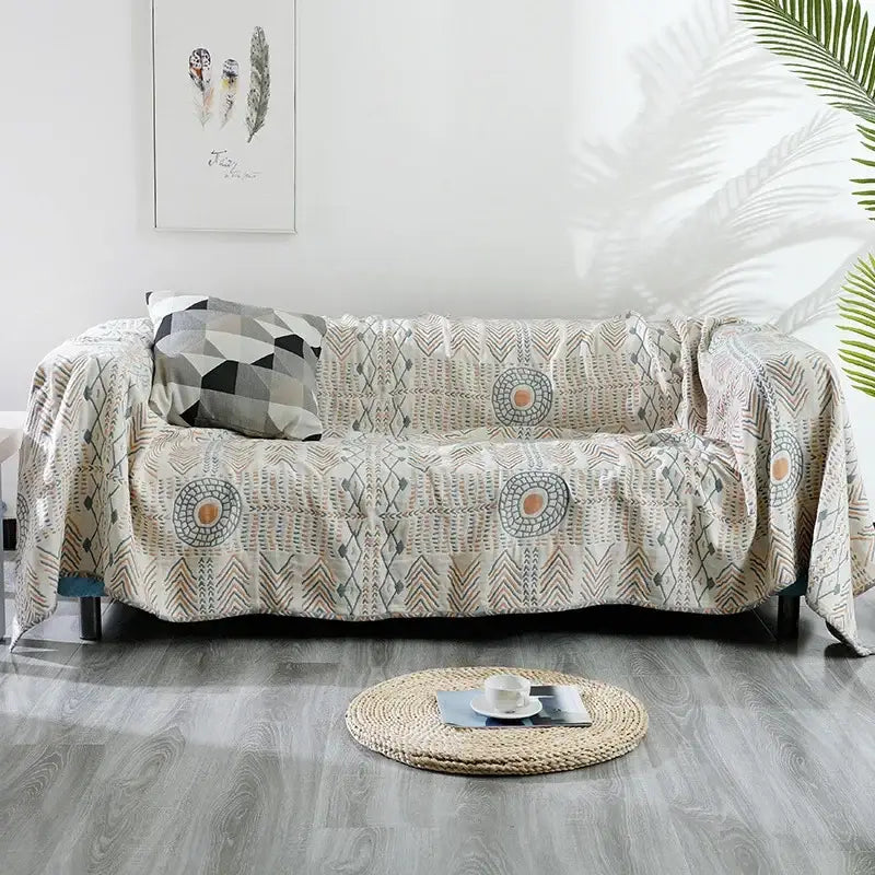 Tribal beige quilted sofa throw blanket – living room cotton bedspread