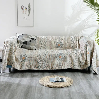Tribal beige quilted sofa throw blanket – living room cotton bedspread