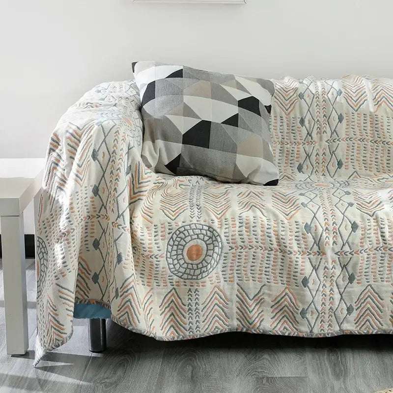 Tribal beige quilted sofa throw blanket – living room cotton bedspread