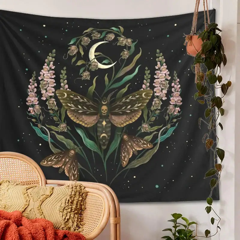 Trippy black death’s head tapestry moth and moon flower bedroom decor