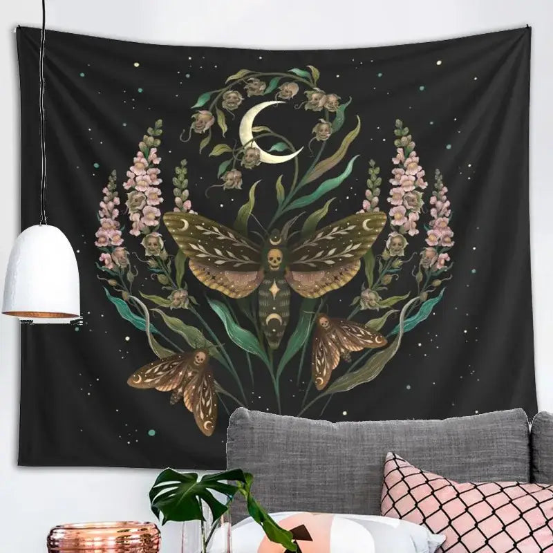 Trippy black death’s head tapestry moth and moon flower bedroom decor