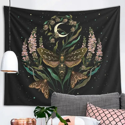 Trippy black death’s head tapestry moth and moon flower bedroom decor