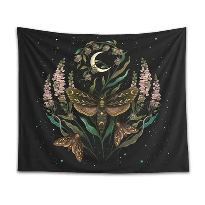Trippy black death’s head tapestry moth and moon flower bedroom decor