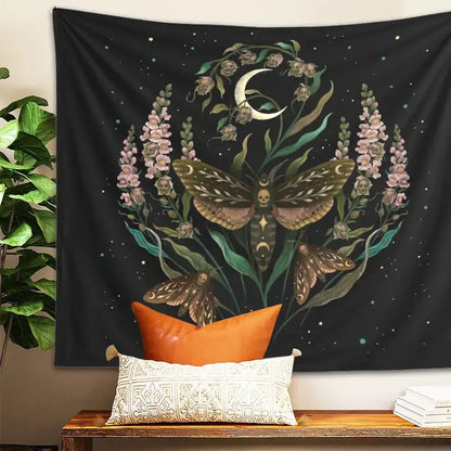 Trippy black death’s head tapestry moth and moon flower bedroom decor