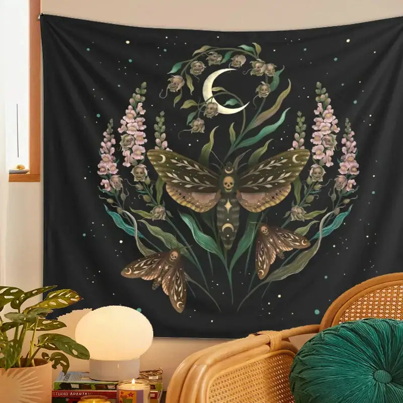 Trippy black death’s head tapestry moth and moon flower bedroom decor