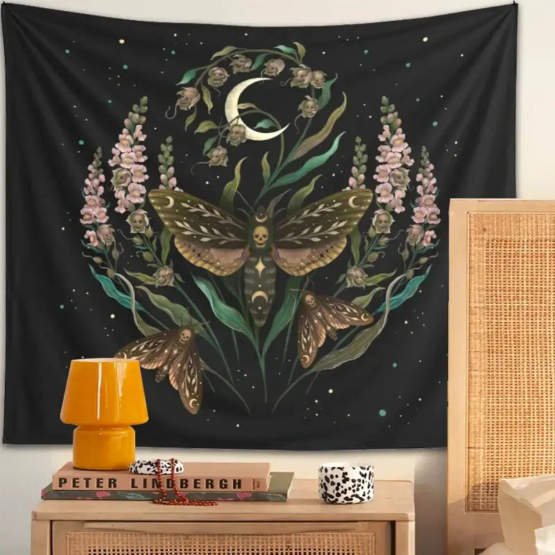 Trippy black death’s head tapestry moth and moon flower bedroom decor