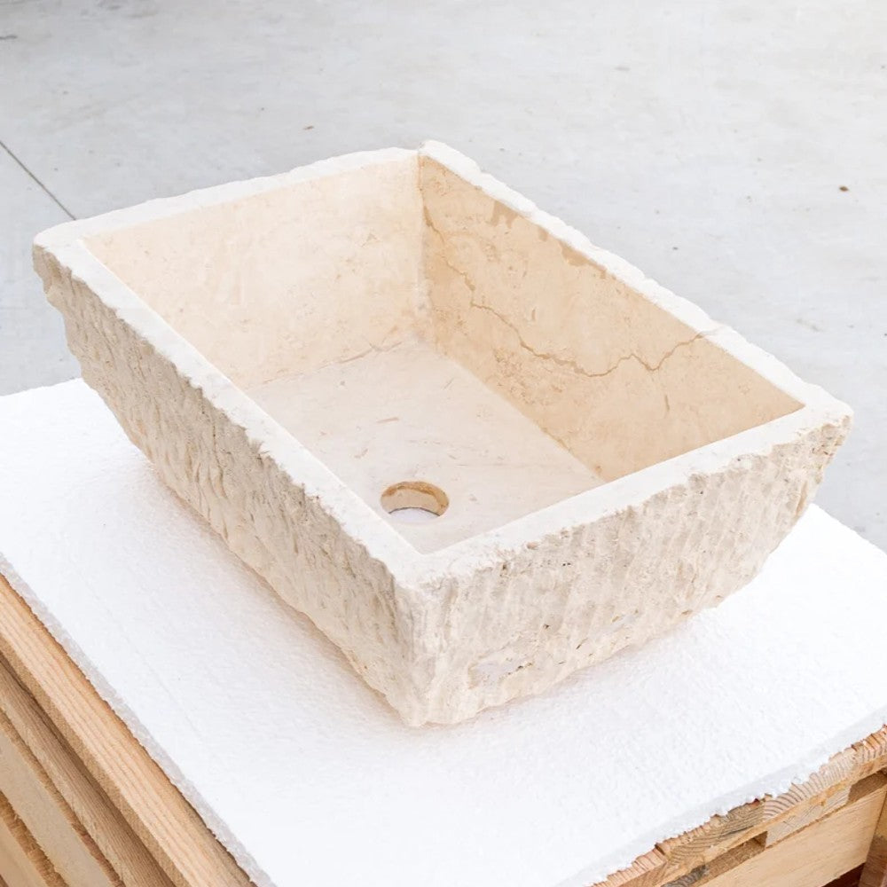 Light Turkish Travertine Natural Stone Rustic Vessel Sink Honed Hand Chiseled 12x17