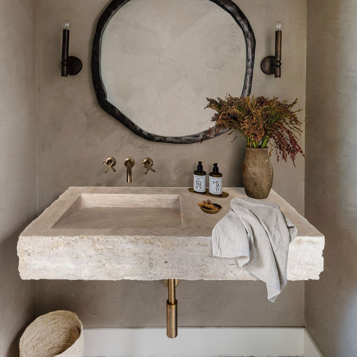 Troia Light Travertine Rustic Rectangular Wall-mount Bathroom Sink (W)23" (L)48" (H)6"