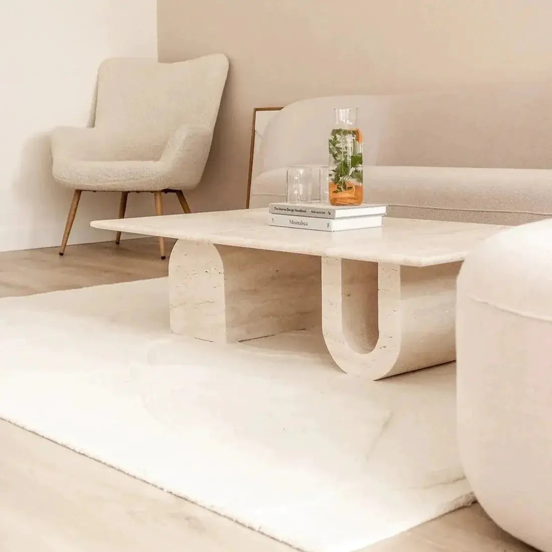 Light Travertine Designer Coffee Table with U Shaped Legs 28W x 48L - Polished Finish