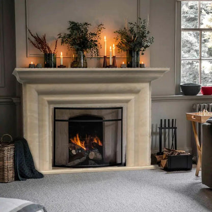 Light Travertine Modern Hand Carved Natural Stone Fireplace Surround 5 Piece Modular