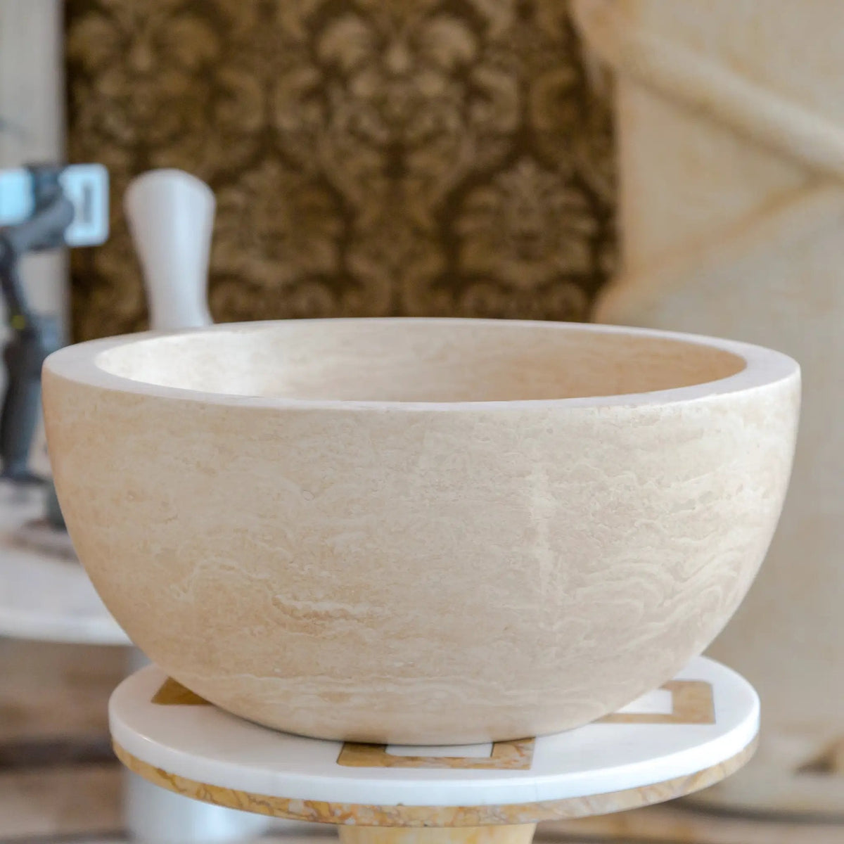 GMSTONE Natural Travertine Vessel Bathroom Sink 12.5 Inch Round Stone