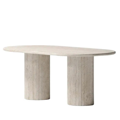 Travertine Oval Dining Table Light Stone Fluted Round Legs