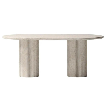Travertine Oval Dining Table Light Stone Fluted Round Legs