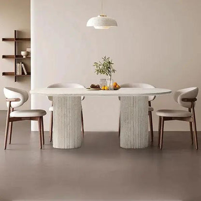 Travertine Oval Dining Table Light Stone Fluted Round Legs