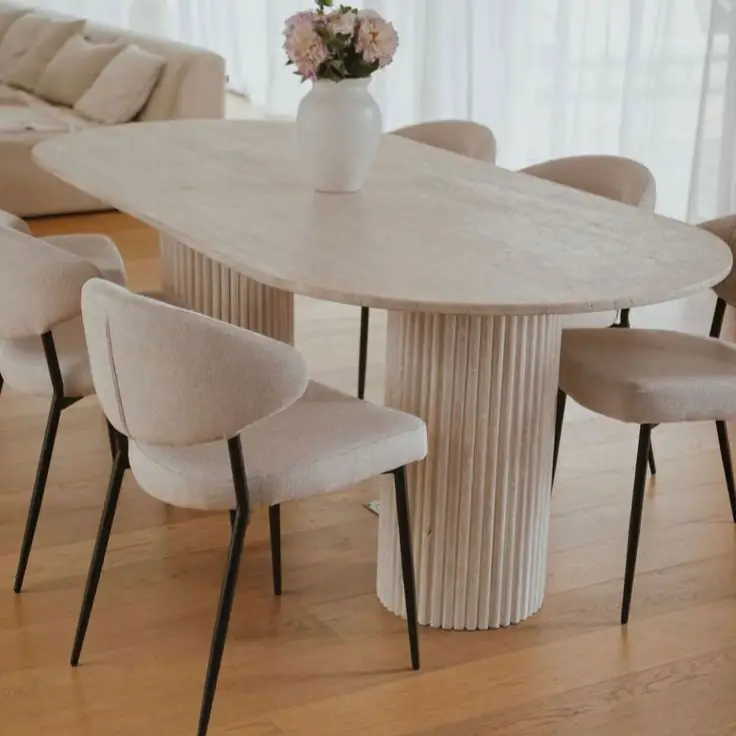 Travertine Oval Dining Table Light Stone Fluted Round Legs