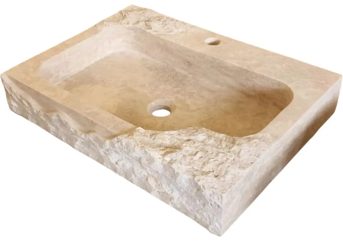 Light Beige Travertine Wall Mount Bathroom Sink Rectangular