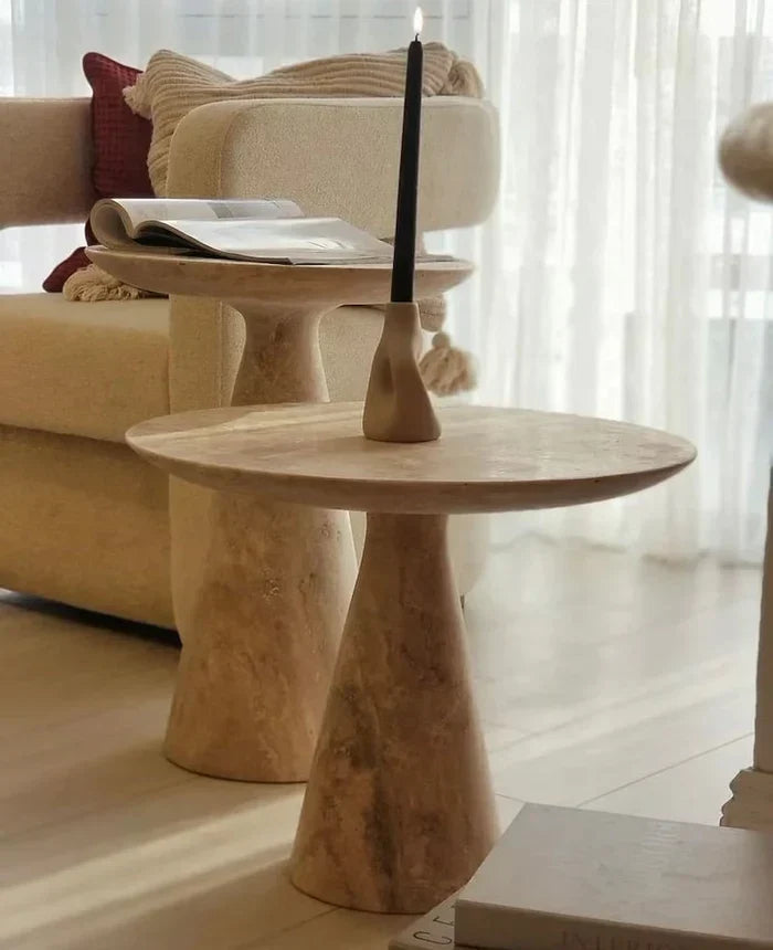 Light Travertine Round Side Table - Honed Finish Conic Legs 18x22