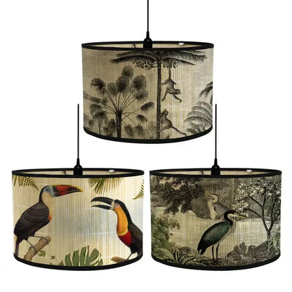 Tropical bird print bamboo pendant light dining room fabric shade