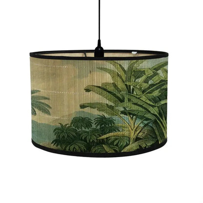 Tropical bird print bamboo pendant light dining room fabric shade