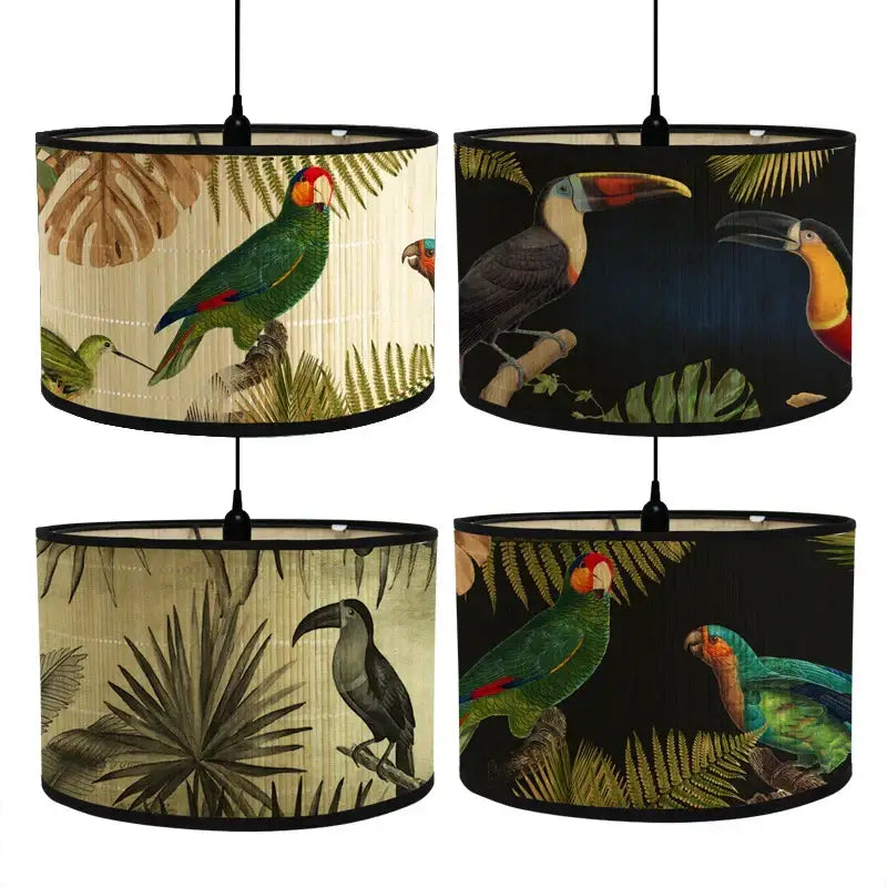 Tropical bird print bamboo pendant light dining room fabric shade