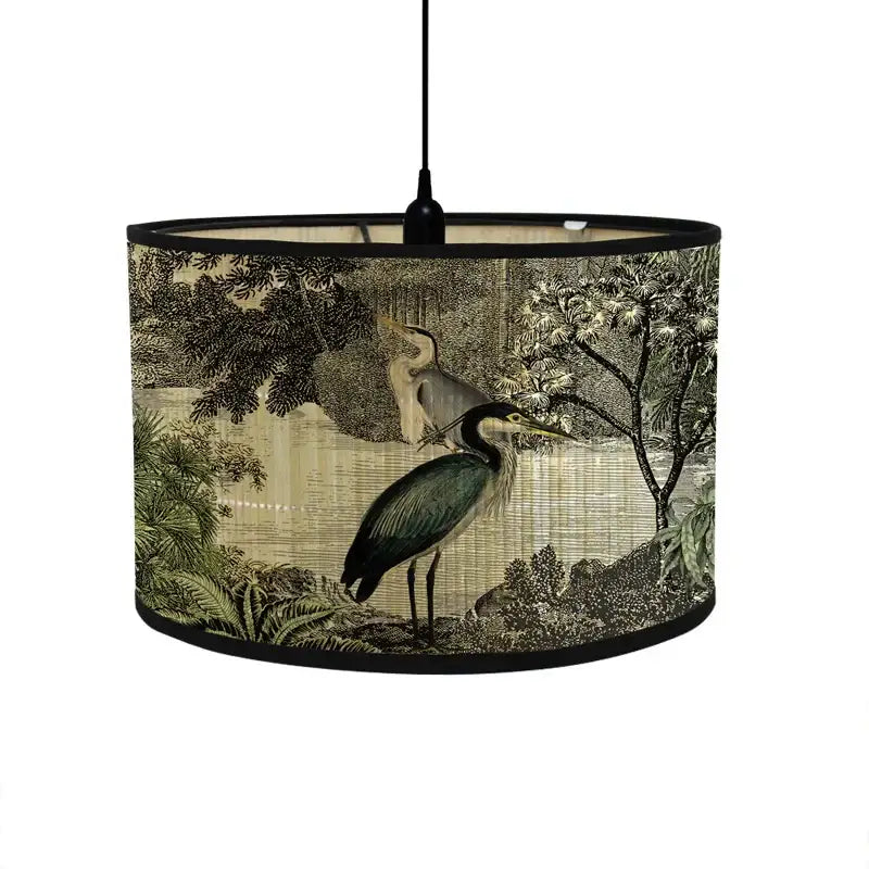 Tropical bird print bamboo pendant light dining room fabric shade