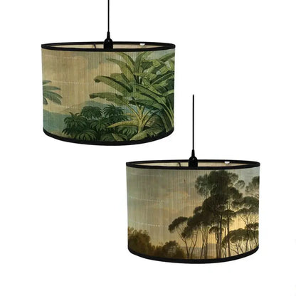 Tropical bird print bamboo pendant light dining room fabric shade