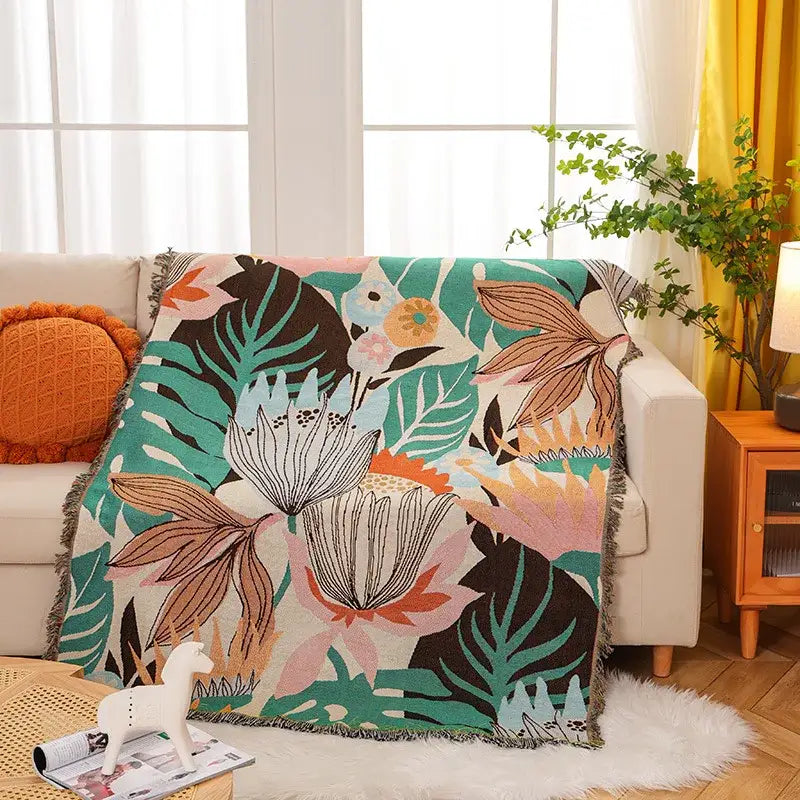 Tropical floral teal & pink knit throw blanket bedroom decor