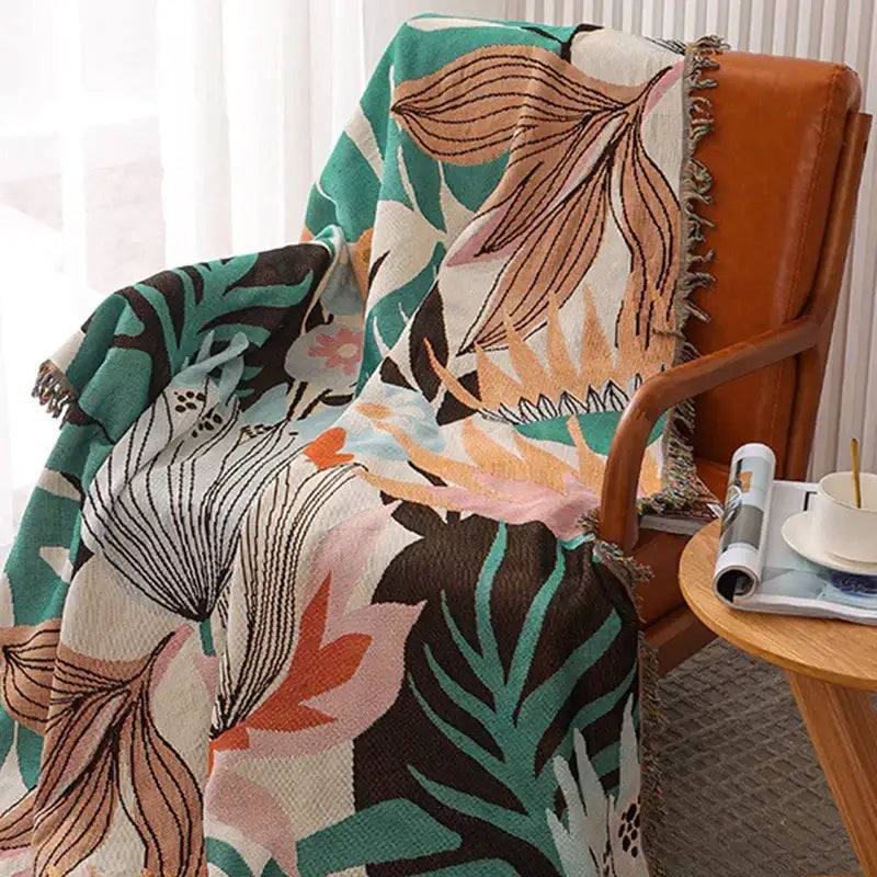 Tropical floral teal & pink knit throw blanket bedroom decor