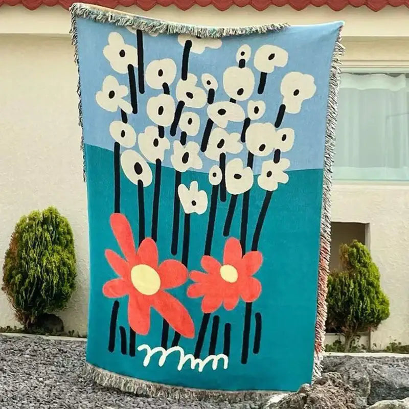 Tropical floral teal & pink knit throw blanket bedroom decor